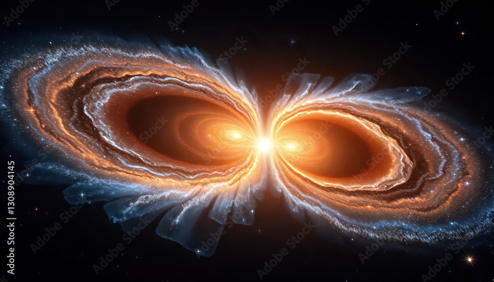 Poster abstract cosmic scene with vibrant orange and blue nebula formations converging central point of lig