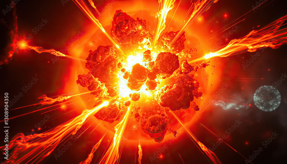 Poster Fiery space event with debris and intense light cosmic collision celestial phenomenon space background