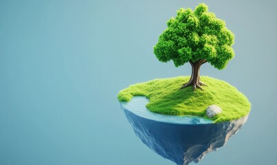 Lush green tree on floating island with blue backdrop, ideal for environmental concepts