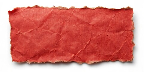 Aged, worn red paper sticker with torn edges and creases, displaying a subtle texture and organic feel