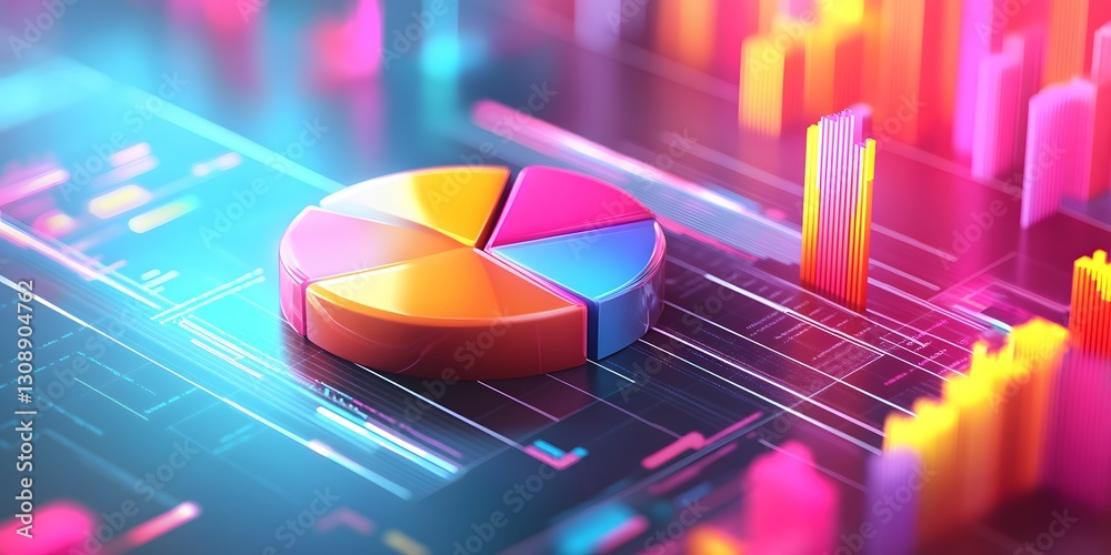 Poster dynamic business analytics visualization with colorful pie charts in modern digital environment