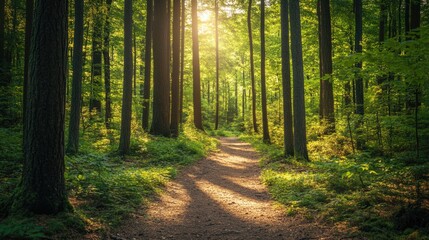 Obraz premium A sunlit path winds through a peaceful and dense forest