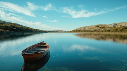 Fototapeta premium A wooden boat rests peacefully on still water under the sky