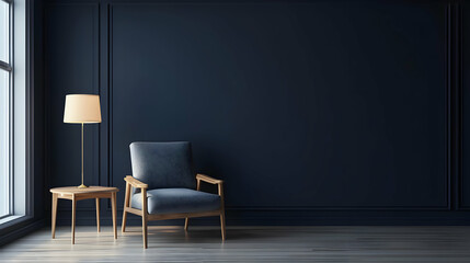 Elegant Interior Room With Blue Walls And Wooden Chair Beside Window