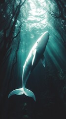 Fototapeta premium A humpback whale swims through the water, its fins and tail visible