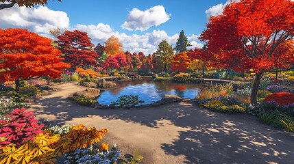 Vibrant Autumn Landscape with Red and Yellow Maple Trees near a Pond