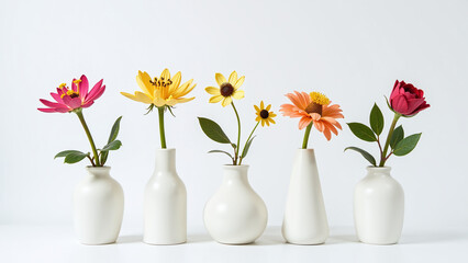 white background wilted flower arrangement set broken vases dead