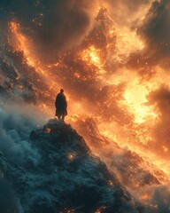 A person stands at the summit of a mountain, surrounded by breathtaking scenery and golden light at sunset