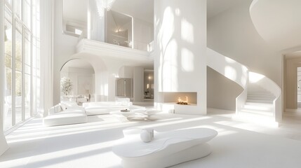 Sunlit modern white mansion interior; grand staircase, fireplace, living room