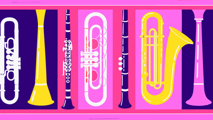 Brass and Woodwind Instruments in Colorful Presentation