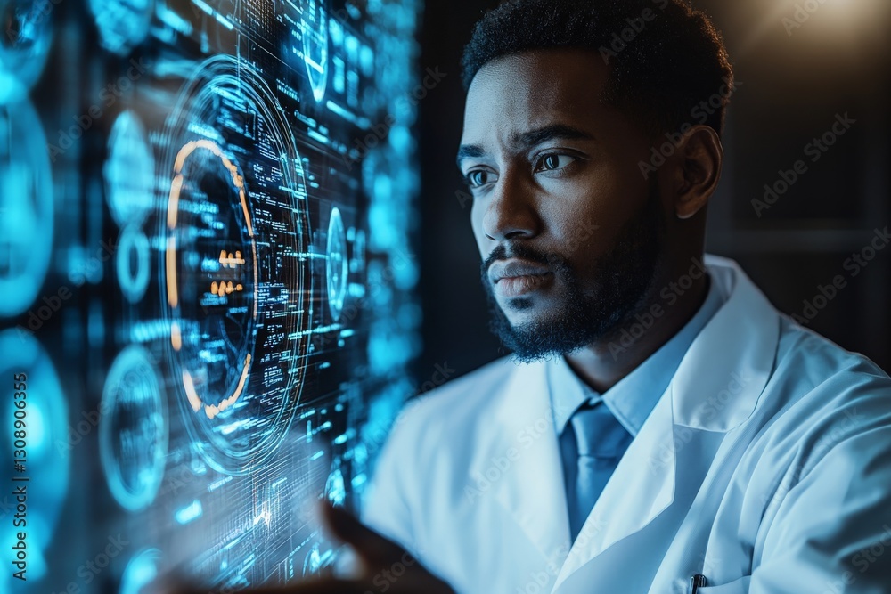 Aufkleber Researcher analyzes complex data patterns while interacting with a digital interface in a modern lab environment
