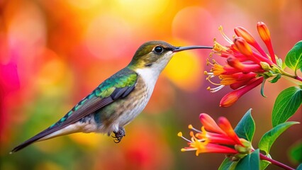 Fototapeta premium A colorful hummingbird perches on a honeysuckle flower