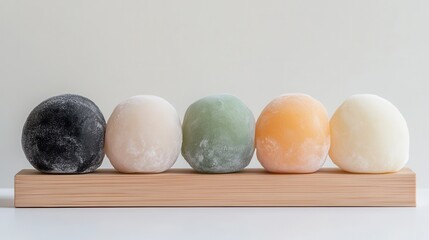 A wooden board with five different colored balls on it