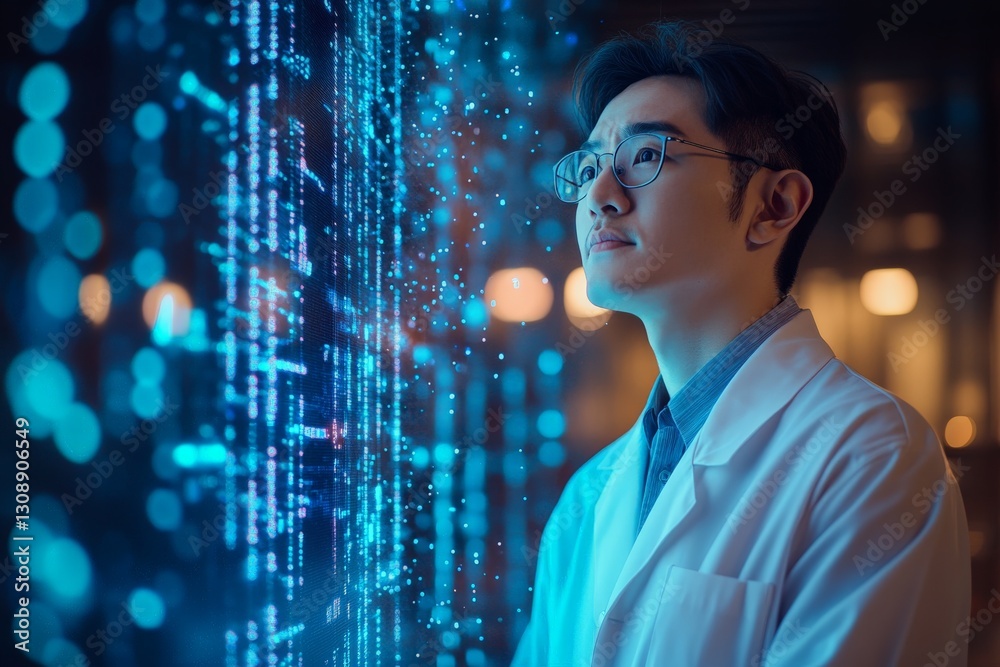 Aufkleber Scientist analyzes digital data and code in futuristic laboratory setting at night