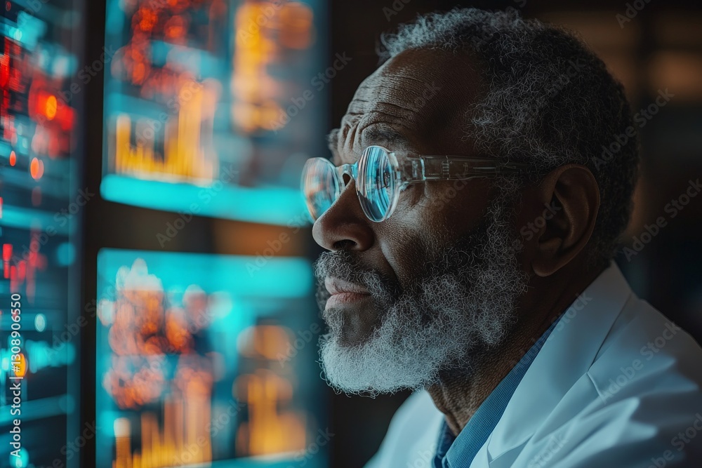 Aufkleber Experienced scientist analyzing data on screens in a modern laboratory setting during evening hours