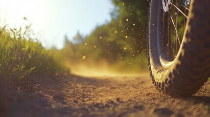 A mountain bike wheel traveling on a dusty dirt trail outdoors