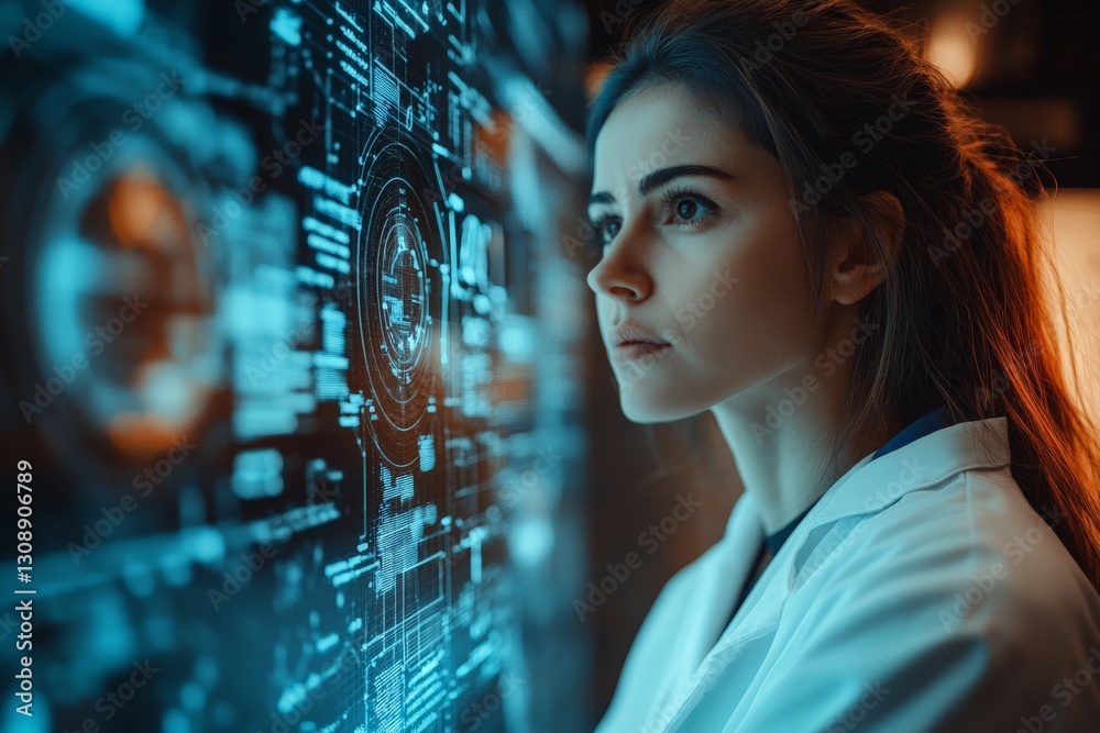 Leinwandbilder young female scientist analyzing data on a high-tech display in a modern laboratory environment