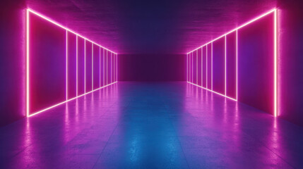Fototapeta premium Neon Lit Corridor Background with Copy Space