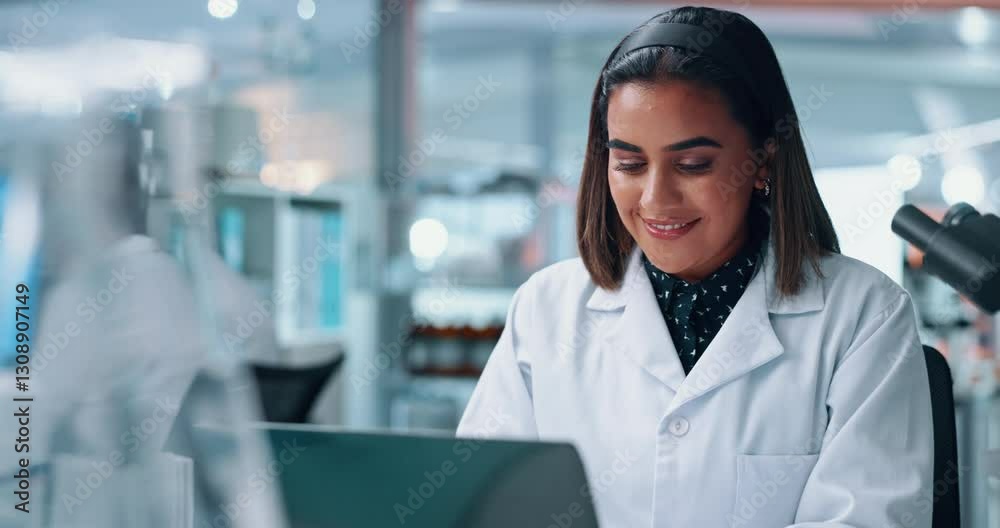 Poster Development, laptop and science with woman in laboratory for investigation of cure, medicine or treatment. Biotechnology, innovation and research with scientist in clinical trial for breakthrough