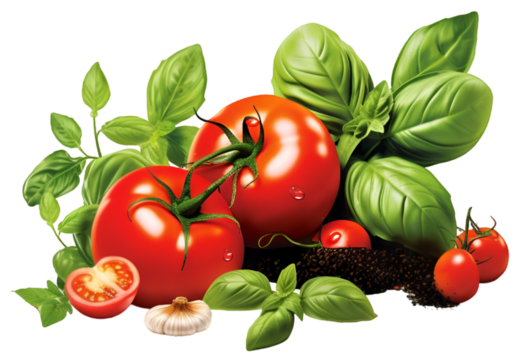 Ripe red tomatoes with fresh basil leaves and garlic on soil
