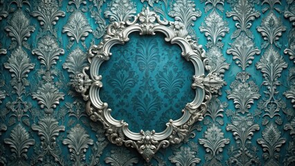 Elegant silver antique frame on luxurious peacock blue baroque wallpaper with intricate floral patterns and ornate details , interior design, peacock blue