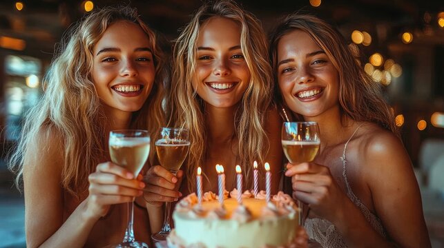 A group of five women celebrate together at a birthday party, raising glasses of colorful drinks in a toast.