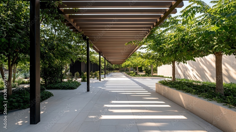 Wall mural sun dappled pathway under pergola.