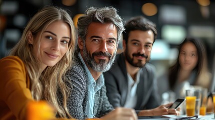 Obraz premium A young Black man and a young woman with long dark hair are seated at a table, engaged in conversation while looking at a document or phone.