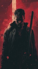 A man stands holding a sword in front of a Christian cross, possibly symbolizing protection or vigilance