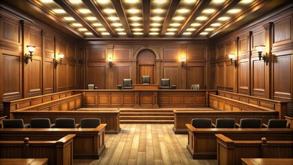 Empty wooden courtroom with benches in a dimly lit room, dimlylit, courtroom