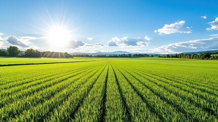 Sunlit Green Field with Distant Mountains