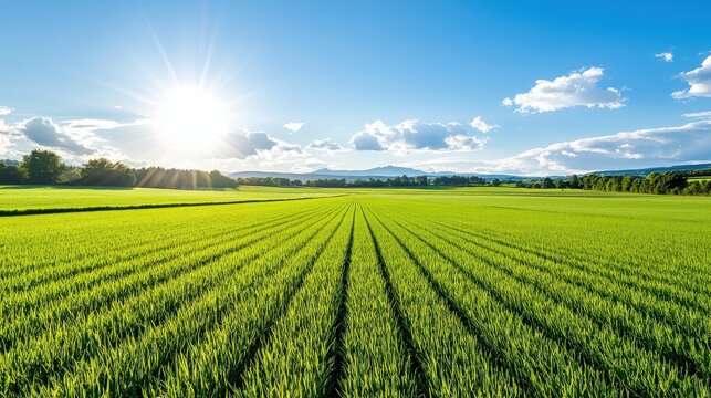 Sunlit Green Field with Distant Mountains