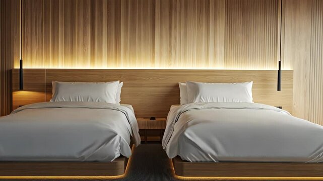 Modern twin bedroom design featuring clean lines and warm wooden accents in a stylish hotel interior