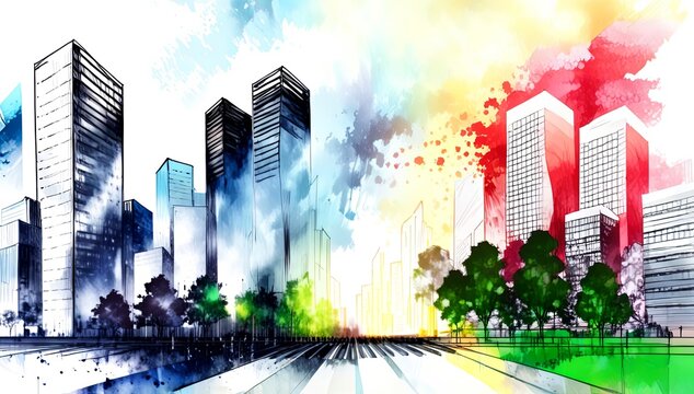 ilustraci&oacute;n estilo acuarela. ciudad. edificios
