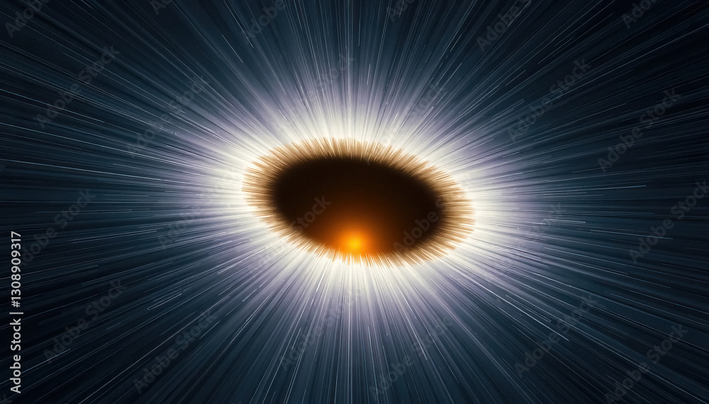 Poster cosmic view central dark void surrounded by glowing energy and radiating light trails