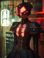 A mannequin dressed in a black evening gown illuminated by neon lights