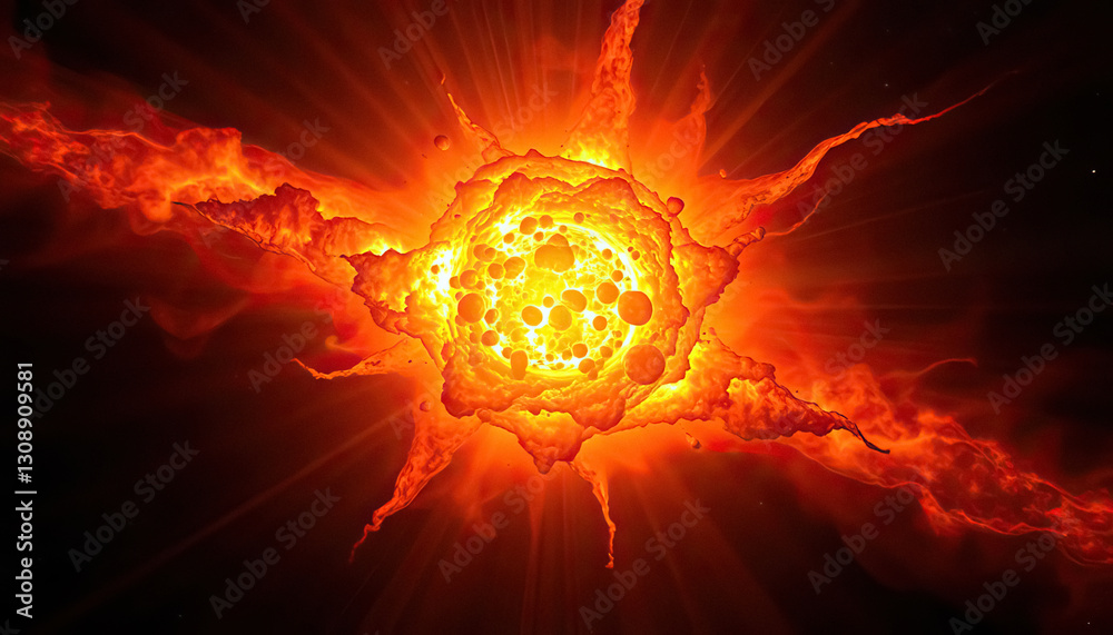 Poster fiery cosmic explosion illuminates dark void of space displaying intense heat and power