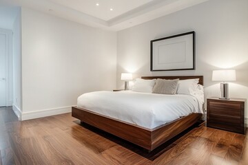 Modern bedroom with white walls, wooden flooring, and a large bed.