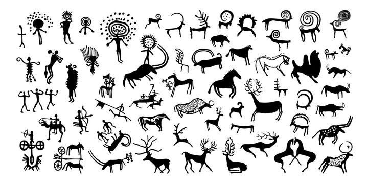 Black and white vector illustration of ancient cave paintings on rocks in Kazakhstan. Big collection Central Asian Petroglyphs isolated on white background. Primitive silhouette of people and animals