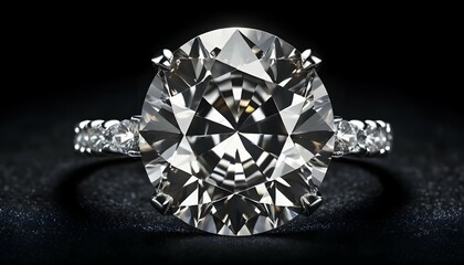 Diamond Engagement Ring Close Up on Black Background with Brilliant Cut Gemstone