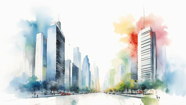 ilustraci&oacute;n estilo acuarela. ciudad. edificios