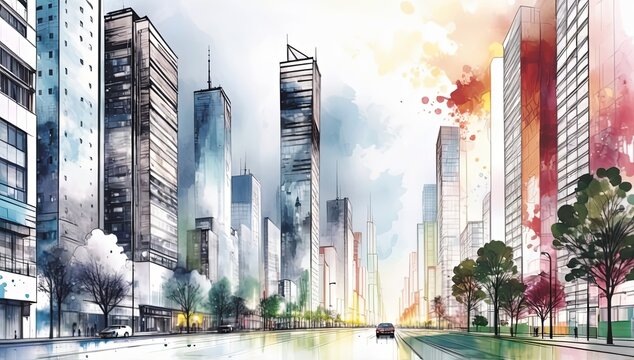 ilustraci&oacute;n estilo acuarela. ciudad. edificios