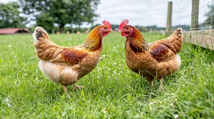 Fototapeta premium Two hens facing each other in a grassy field.