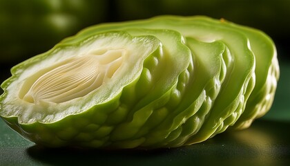 Obraz premium Extreme macro of sliced chayote. Glossy, wrinkled texture revealed. Unique vegetable detail. Intriguing surface close-up.