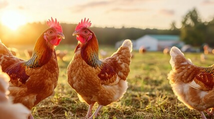 Fototapeta premium Golden Hens at Sunset on a Farm