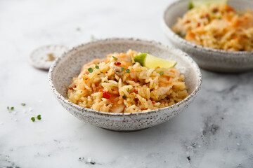 Rice and chicken and sweet chili sauce