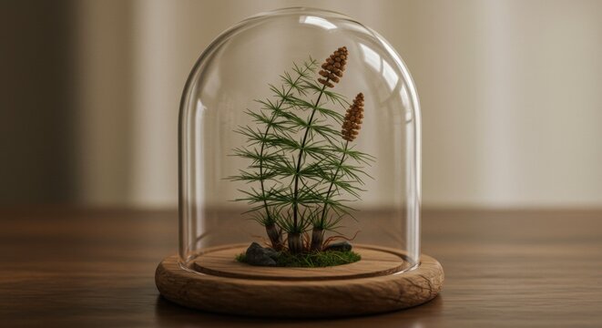 A miniature pine tree encased in a glass dome on a wooden base, showcasing natural beauty indoors - cola de caballo planta, cola de caballo