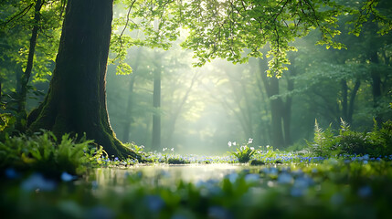 Sunlit Forest Scene With Dense Trees and Green Foliage Sunlight Streaming Through Canopy Creating Atmospheric Effect