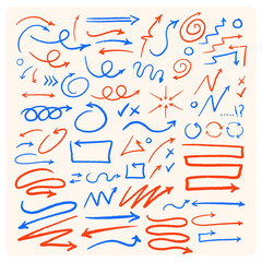 Hand drawn colored doodle design elements, charcoal or pencil drawn punctuation marks.