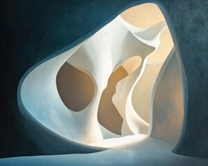A painting of a white building with a light shining through it, perfect for use in architectural or interior design contexts